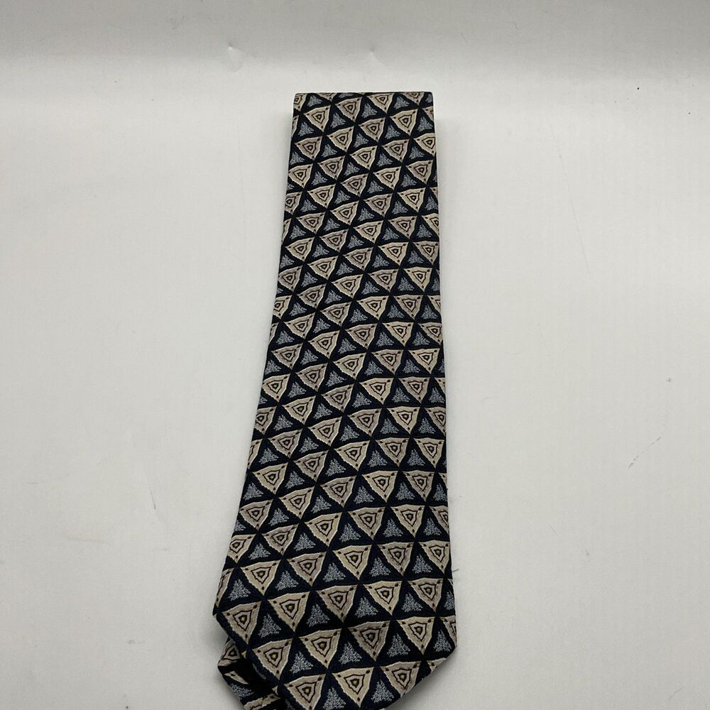 Alan Flusser 100% Silk Geometric Classic Tie Navy/Beige/Gray Satin One Size